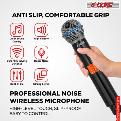 5 Core Wireless Microphone System 6 Channel UHF Portable Receiver W 6 Cordless Dynamic Mic 492F Range