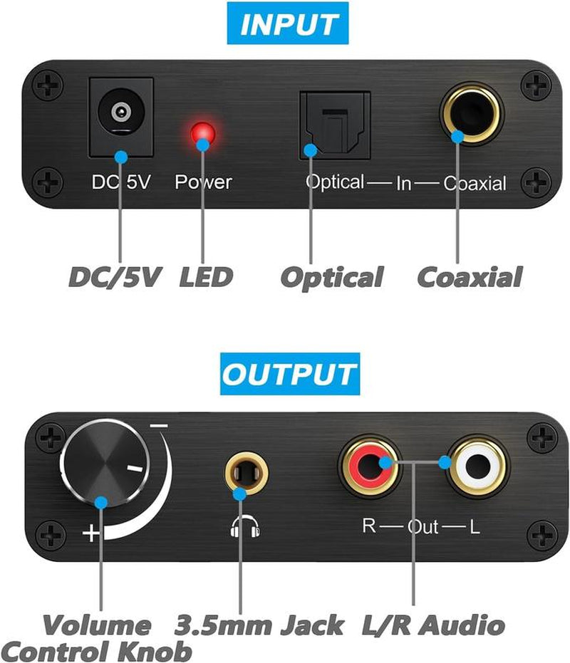 Esynic 192KHZ Optical to RCA Converter Volume Adjustable Digital to Analog Audio Converter 3.5Mm Audio Jack Output Digital Audio Converter Box Optical to Analog Audio Adapter for PS3 PS4 DVD HDTV Etc Accessories