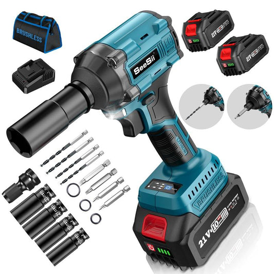 Seesii 1/2-Inch Cordless Impact Wrench with 260 Ft-Lbs, Brushless 1/2" Impact Wrench Equipped with 2 X 4.0 Batteries, Fast Charger, 4 Sockets, 4 Drill & Driver Bits, Electric Pistola De Impacto for Car and Home