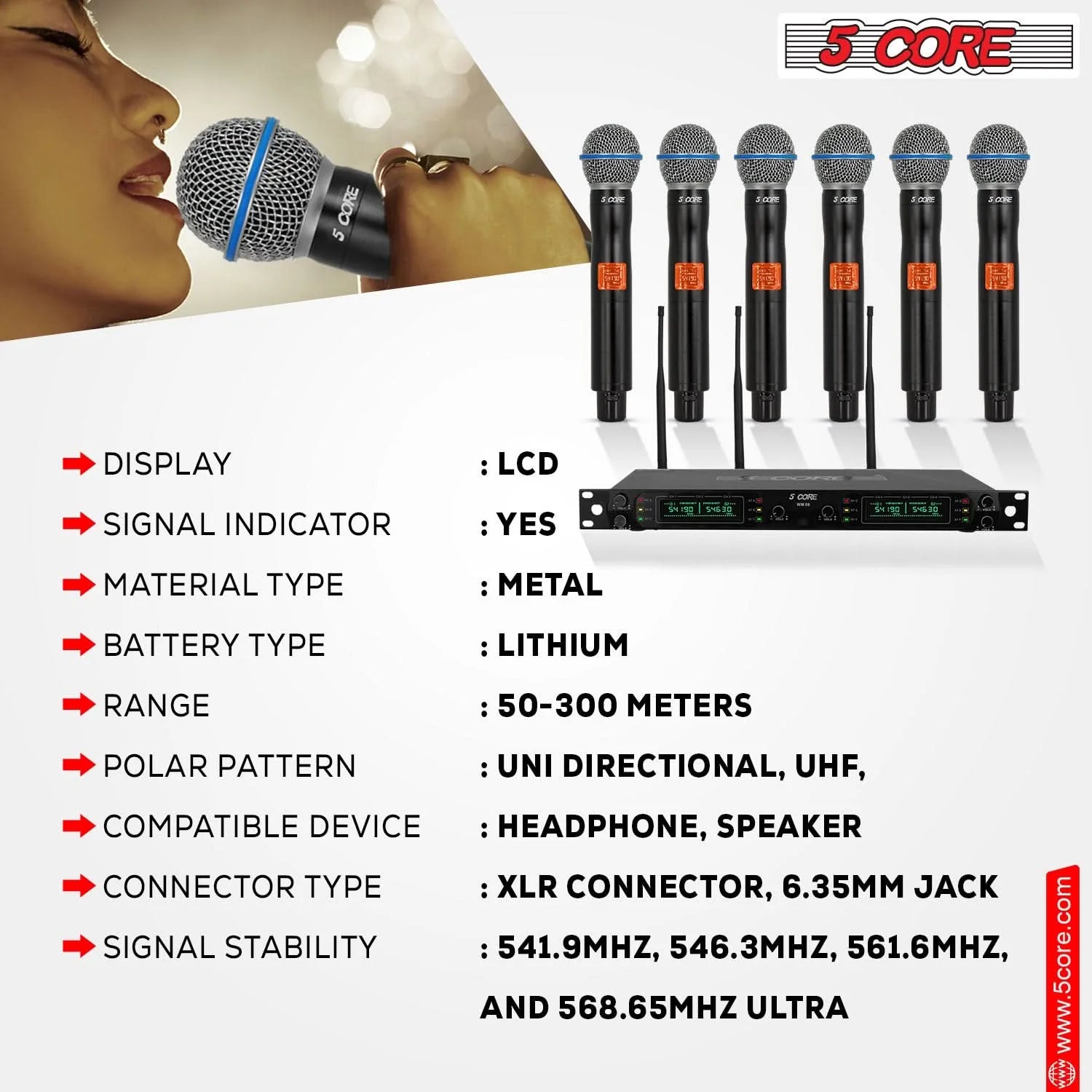 5 Core Wireless Microphone System 6 Channel UHF Portable Receiver W 6 Cordless Dynamic Mic 492F Range