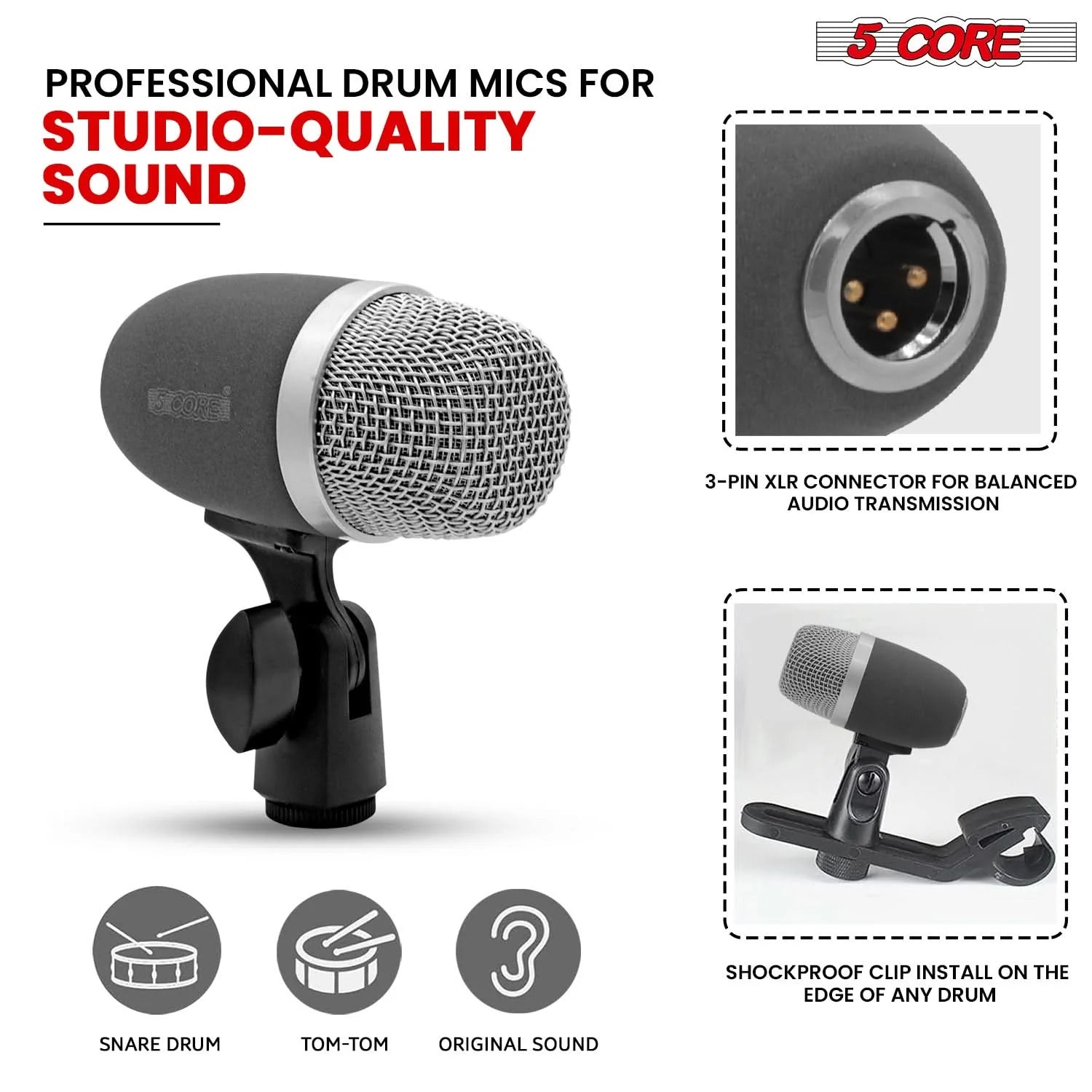 5 Core Snare Microphone XLR Wired Uni Directional Tom Drum and Other Musical Instrument Mic GRAY